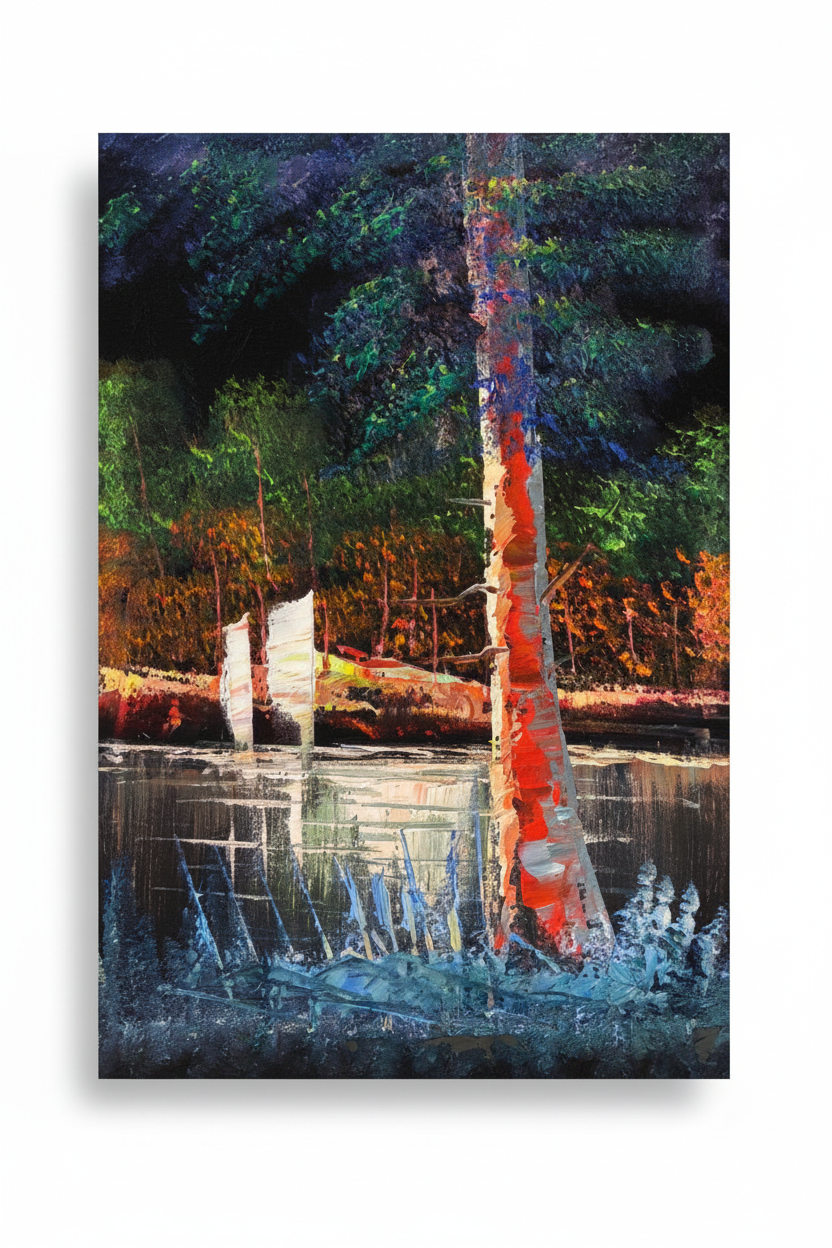 Forest River Birch Tree oil painting on white background — studio product shot, no frame
