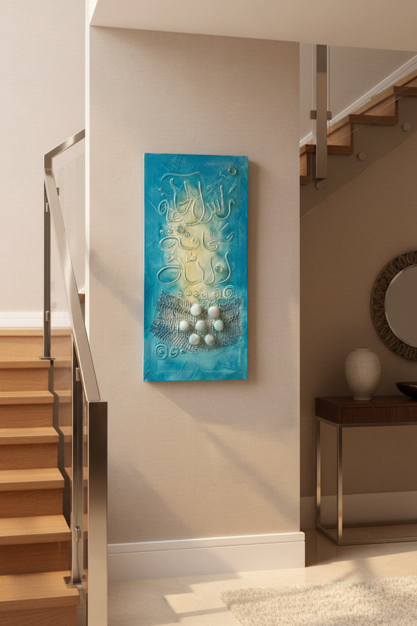 Islamic calligraphy teal aqua silver canvas on staircase wall