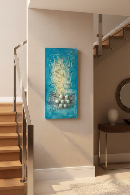 Islamic calligraphy teal aqua silver canvas on staircase wall