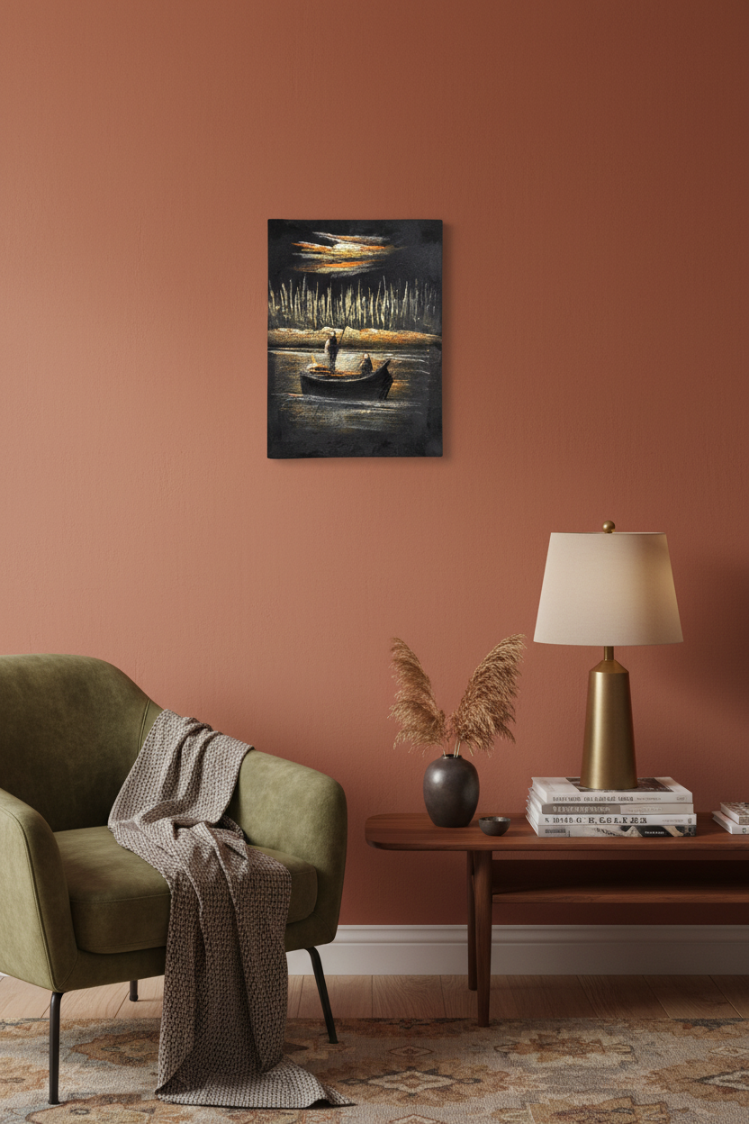 Night fishing boat river canvas art hung on terracotta olive green accent wall in sophisticated eclectic living room lifestyle photo