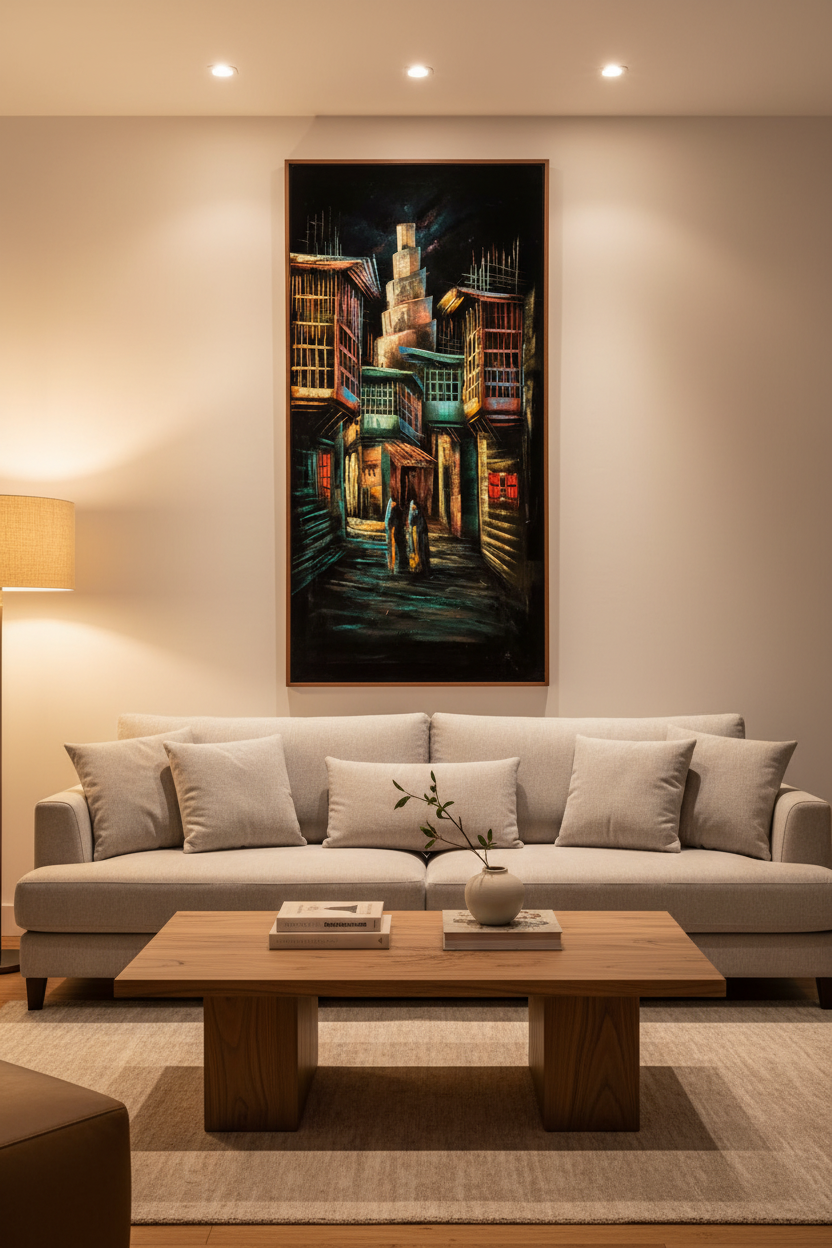 Spiral minaret alley painting displayed as statement piece in luxury living room