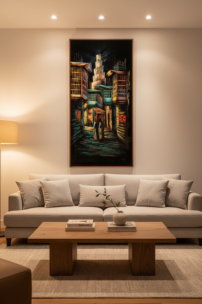 Spiral minaret alley painting displayed as statement piece in luxury living room