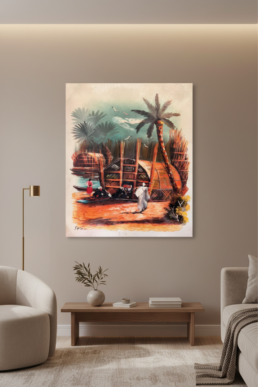 Traditional Arabian riverside village heritage canvas art displayed in elegant room lifestyle photo