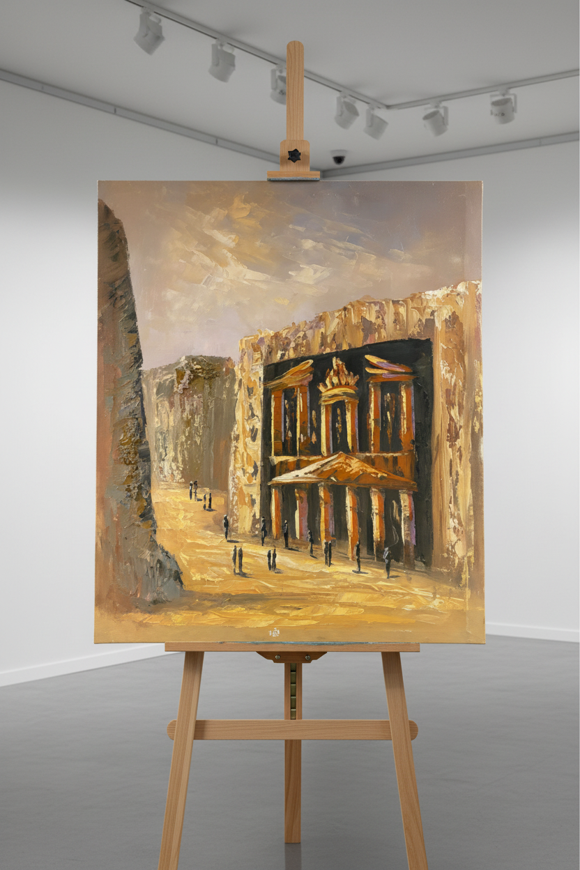 Treasury of Petra oil painting on wooden art easel stand, gallery setting, no frame, correct portrait proportions
