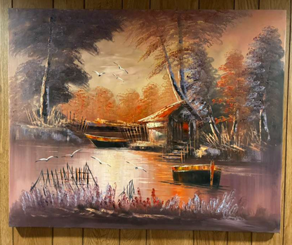 Original oil painting of a twilight riverside boatyard with rustic cabin, two moored boats, seagulls and lavender wildflowers at dusk — 39.37 x 31.50 inches