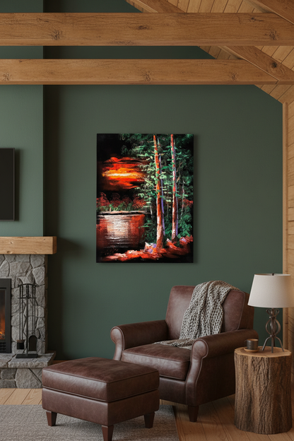 Fiery Sunset Forest by the Lake oil painting on deep forest green wall in rustic cabin living room — no frame, warm golden lifestyle art photography