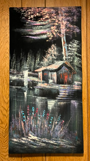 Lakeside Cabin at Night — Original Oil Painting on Canvas | 11.81" × 23.62"