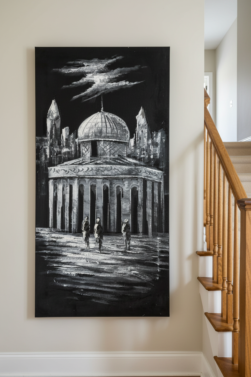 Sacred Sanctuary painting displayed in elegant staircase interior setting
