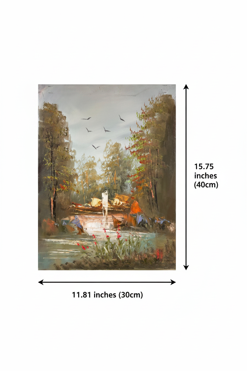 Dimension diagram: forest woodland camp oil painting 11.81 inches wide by 15.75 inches tall on white background