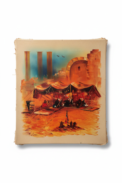 Desert encampment oil painting on white background with shadow, no frame, raw canvas edges visible
