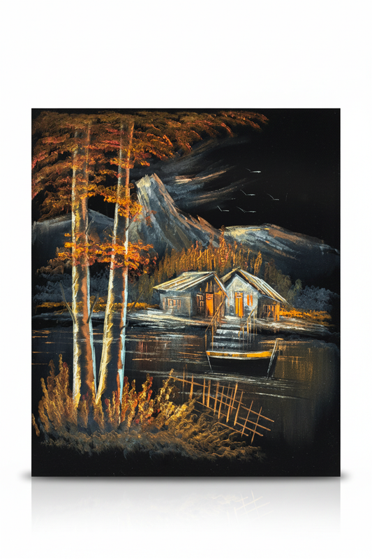 Mountain lakeside cabin night scene canvas art on white background with drop shadow – 20x24 inches product shot