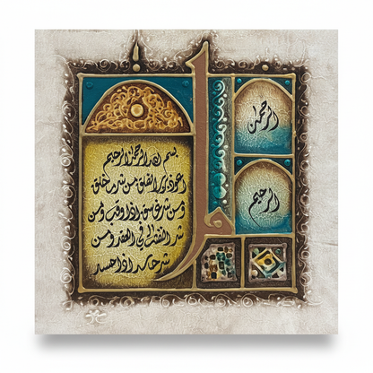 Al-Rahman Al-Raheem Islamic calligraphy canvas on white background with shadow