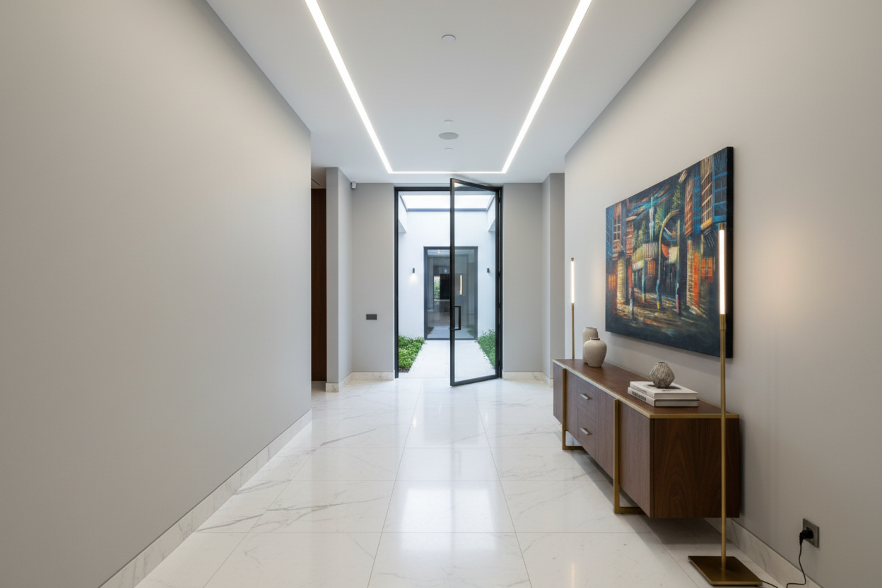 Middle Eastern souk canvas art in upscale hallway — lifestyle interior mockup