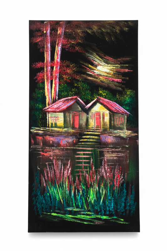 Twin Red Roof Cabins painting white background exact dimensions 11.81x23.62 inches portrait ratio