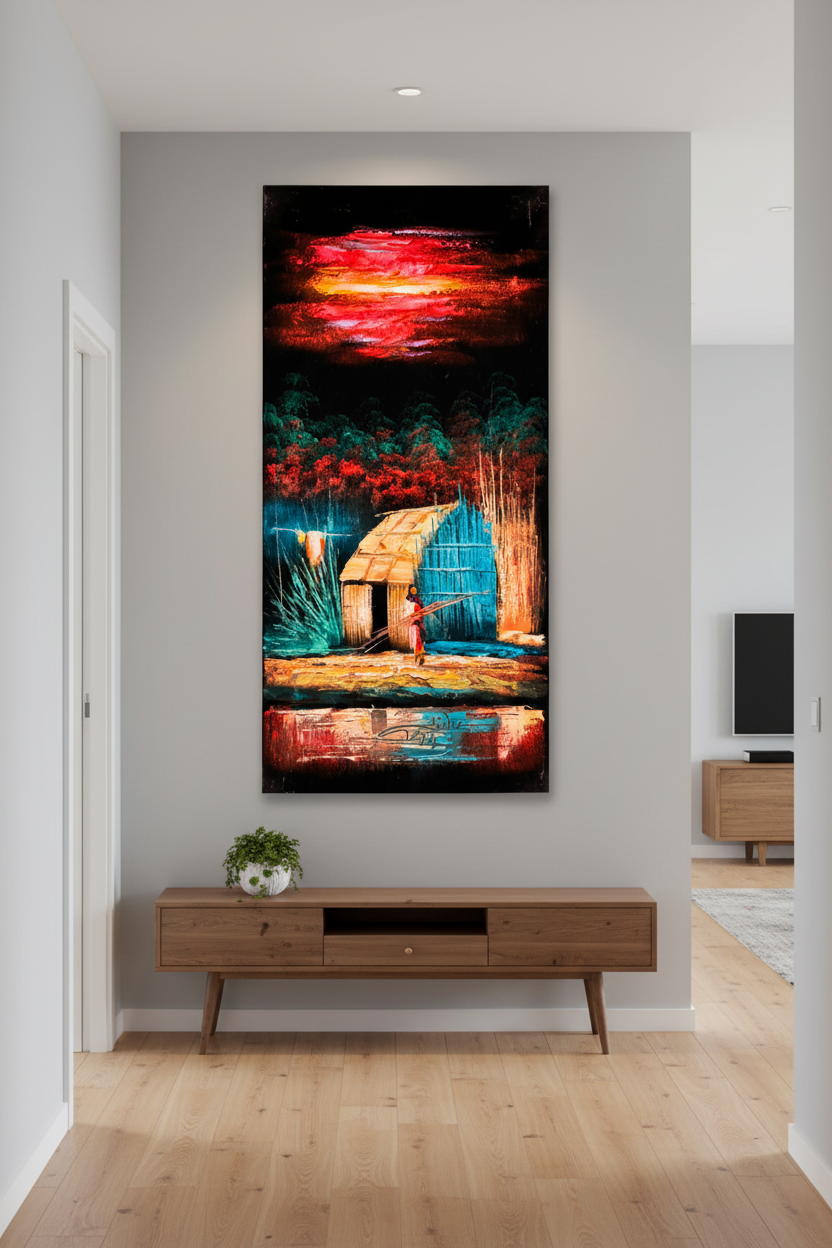 Tropical Village painting displayed in modern hallway interior setting