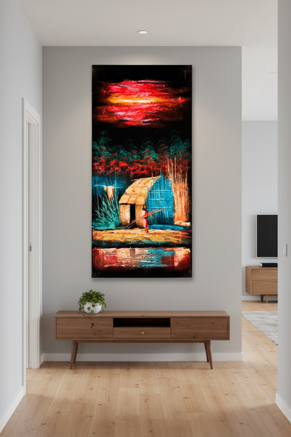 Tropical Village painting displayed in modern hallway interior setting
