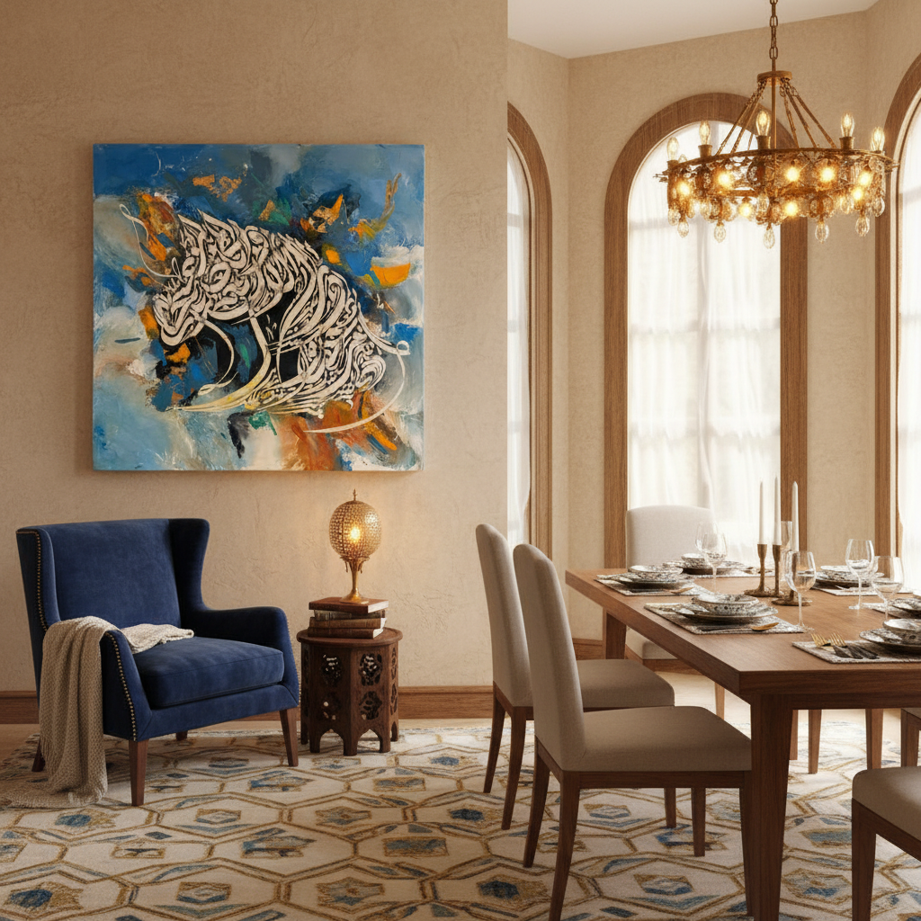 Frameless square Arabic calligraphy canvas art displayed in sophisticated dining area