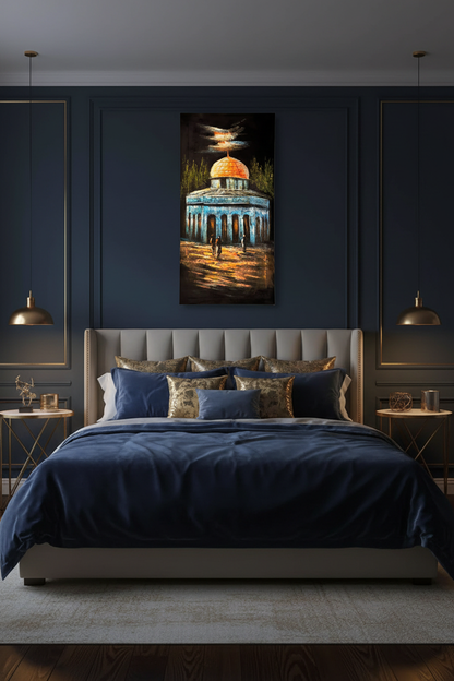 Original Dome of the Rock architectural painting displayed unframed on a navy blue luxury bedroom wall