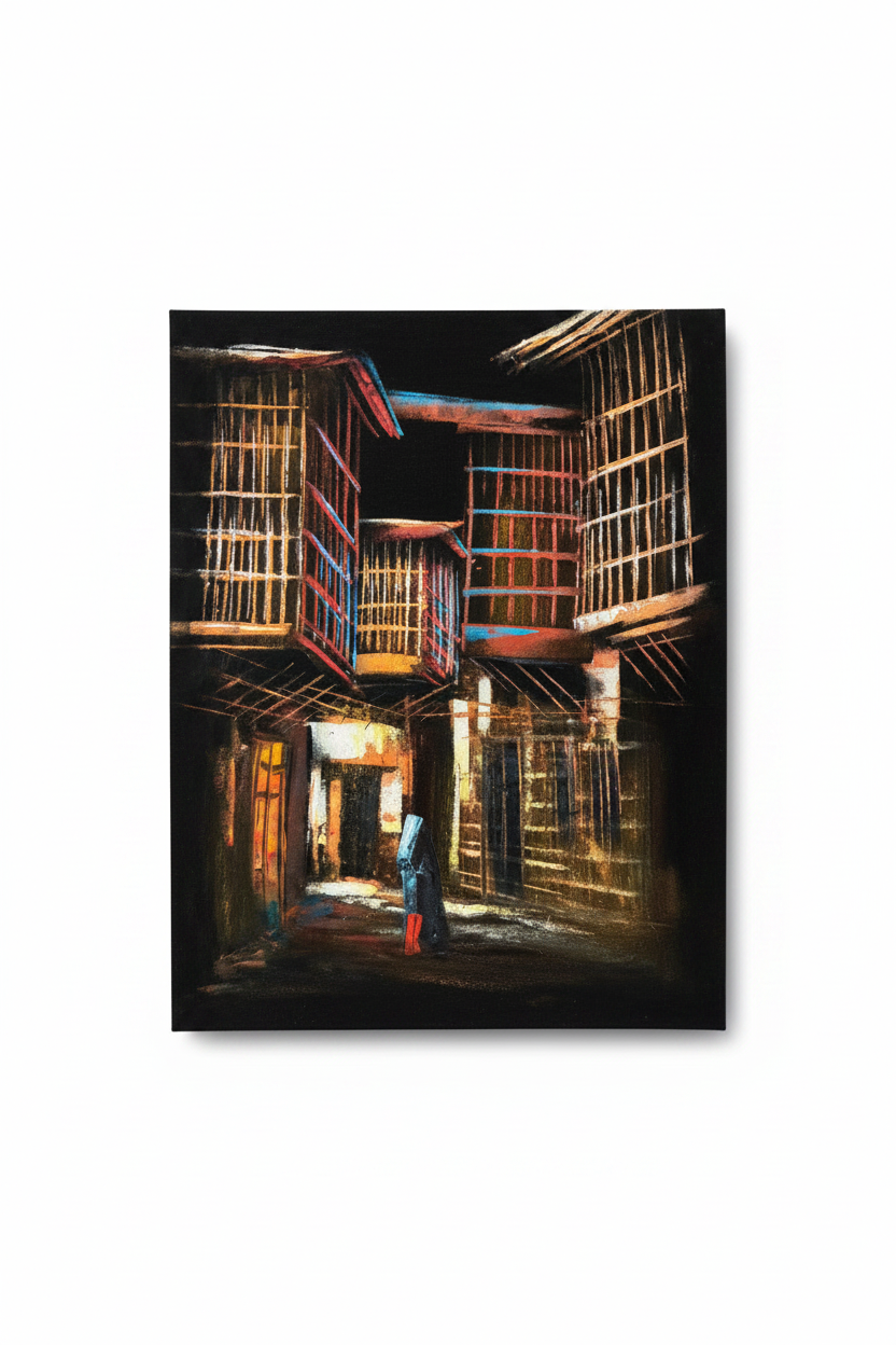 Heritage Alleyway at Night oil painting isolated on pure white background — clean studio product shot, no frame, portrait canvas