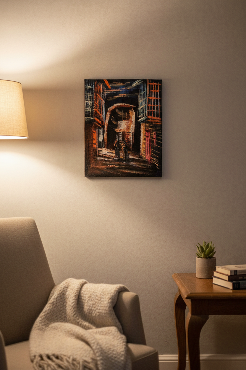 Moonlit archway night old city canvas art displayed in small cozy room lifestyle photo