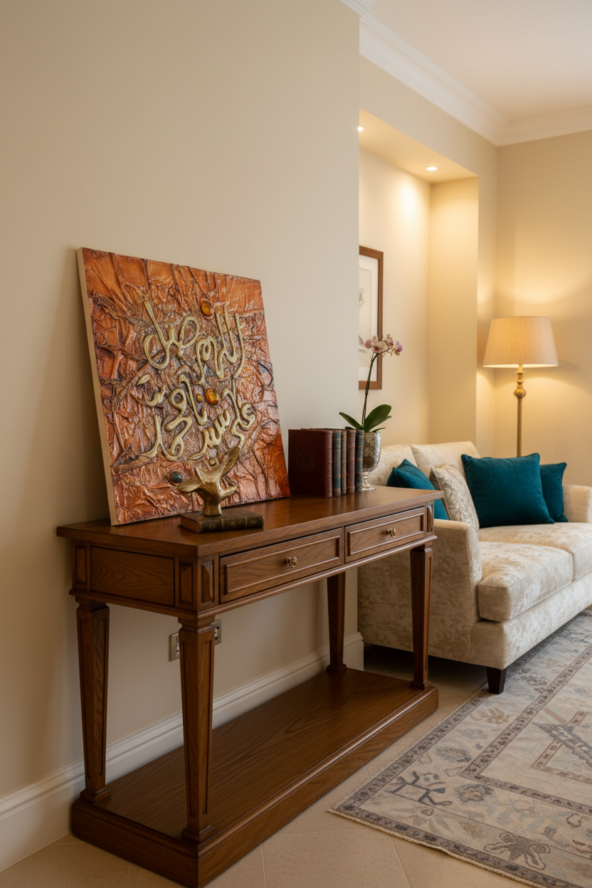 Islamic calligraphy amber mosaic wall art displayed on wooden console stand