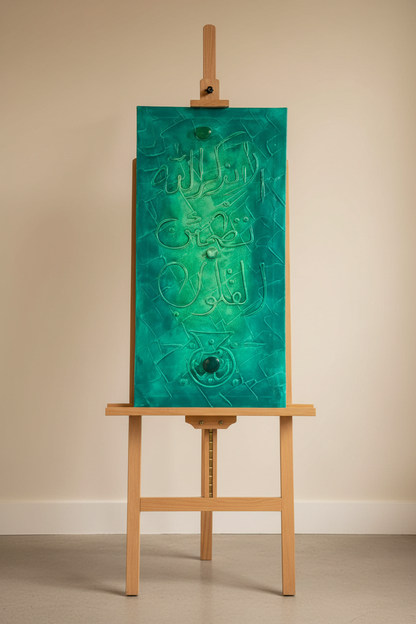 Islamic calligraphy emerald green canvas displayed on art stand