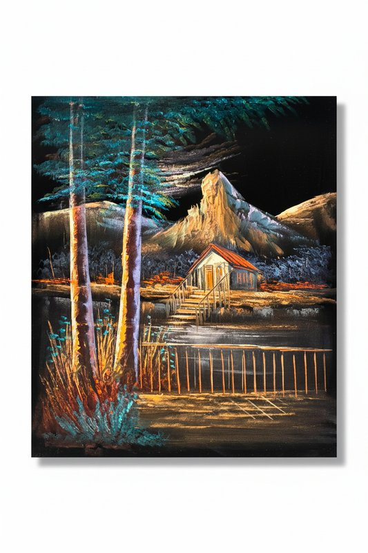 Dramatic mountain lakeside cabin night scene canvas art on white background with drop shadow – 20x24 inches product shot