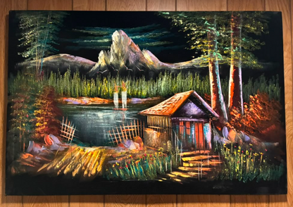 Alpine Cabin Mountain Lake Night Scene Canvas Wall Art | Rocky Peak Pine Forest Print 35.4" × 23.6"