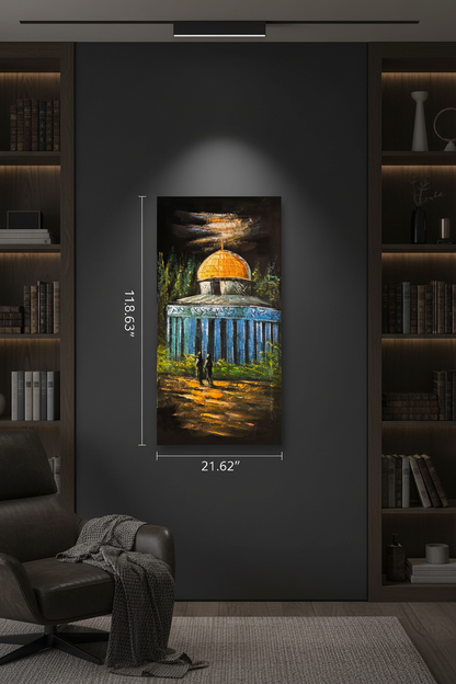 Original Dome of the Rock painting displayed unframed on a dark charcoal gallery study wall
