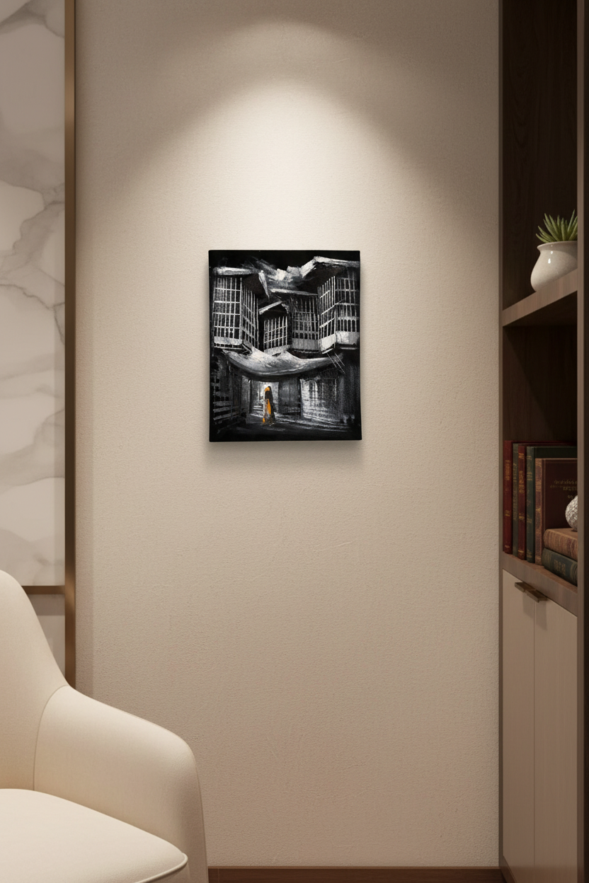 Noir courtyard veiled figure night canvas art displayed in small cozy room lifestyle photo