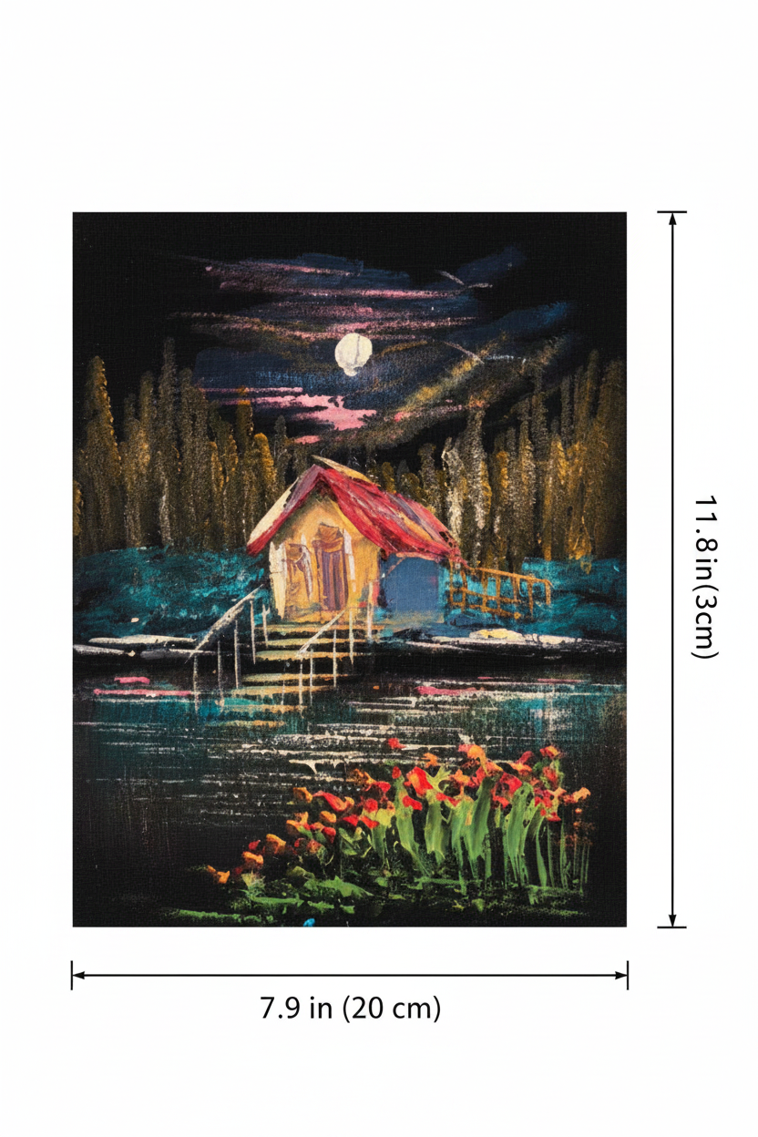 Moonlit lakeside cottage canvas art with dimensions 7.9 inches wide x 11.8 inches tall 20cm x 30cm