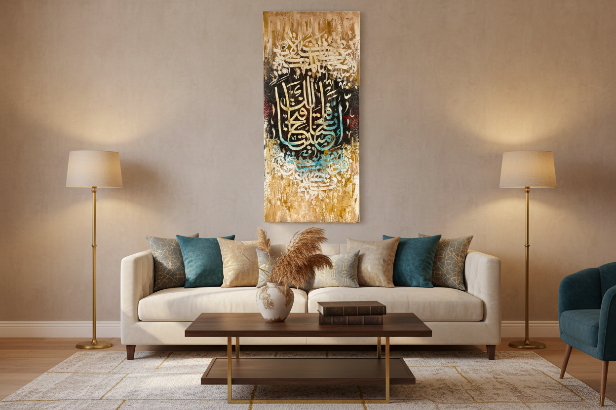 Inna Rabbakum Allah Quran calligraphy canvas wall art displayed in a modern living room, no frame