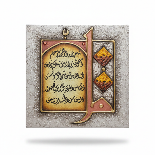 Surah Al-Nas Silver Edition calligraphy canvas on white background with shadow – product hero image