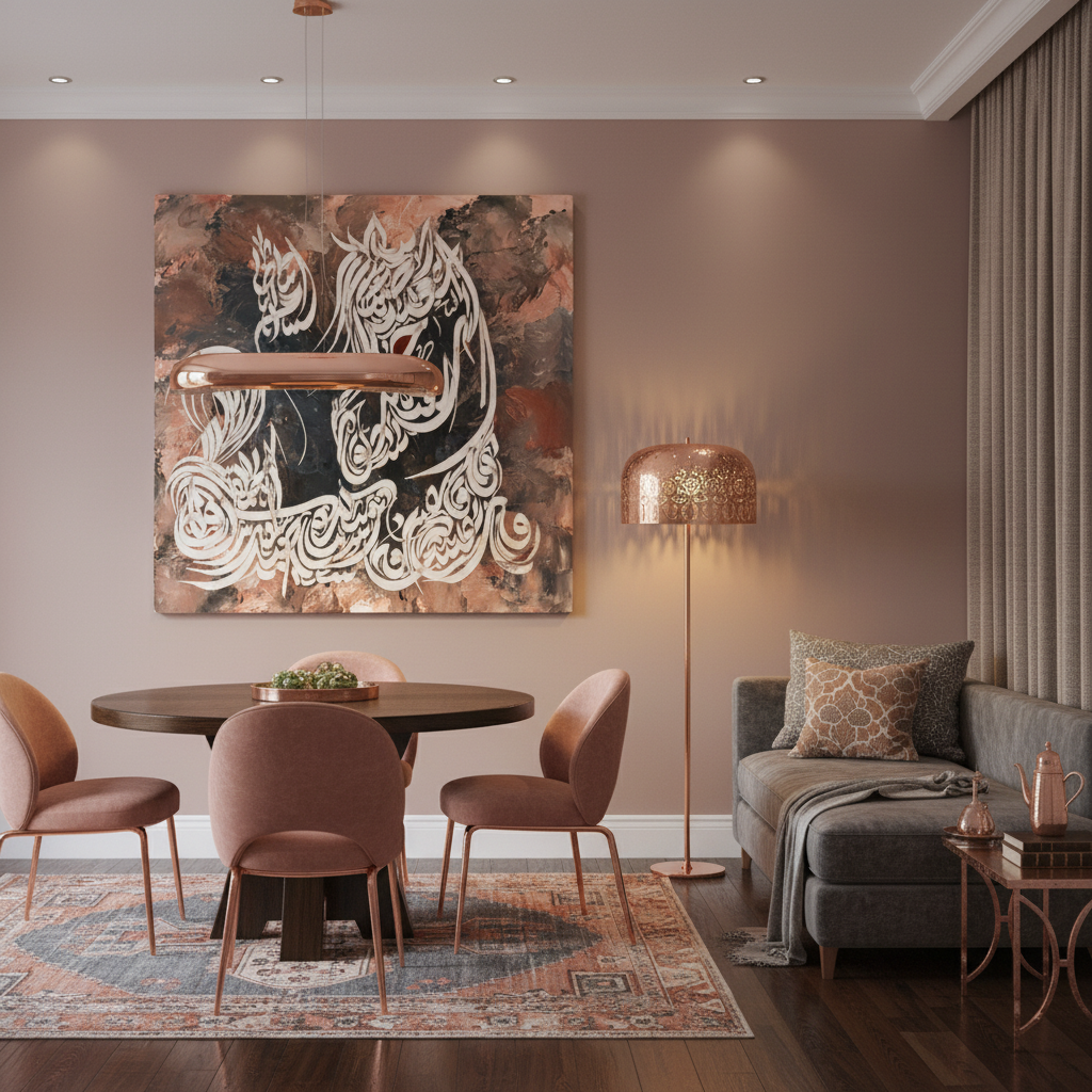 Frameless square Arabic calligraphy canvas art displayed in sophisticated dining area