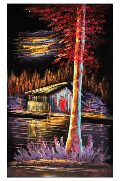 Cabin by the Lake original acrylic painting on white background – no frame, 11.81 x 23.62 inches