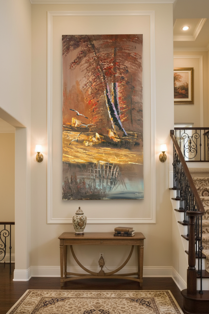 Autumn Forest Reflections oil painting on staircase wall
