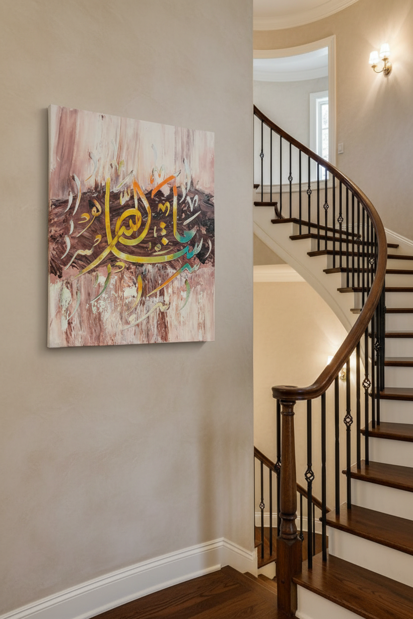Subhanallah Arabic calligraphy canvas art hanging on a wall beside an elegant staircase, portrait 3:4 ratio, no frame gallery wrap, luxury home interior