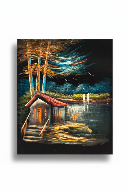 Lakeside cabin night scene canvas art on white background with drop shadow – 20x24 inches product shot