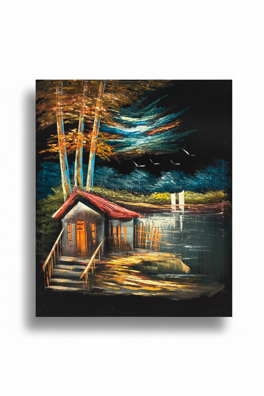Lakeside cabin night scene canvas art on white background with drop shadow – 20x24 inches product shot