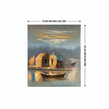 Dimension diagram showing 19.69 inches wide by 23.62 inches tall (50cm × 60cm) for marshland reed huts oil painting