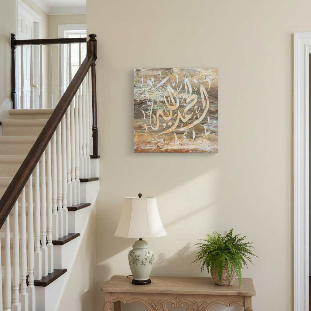 Alhamdulillah sandy beige calligraphy canvas hung on a staircase wall at realistic scale