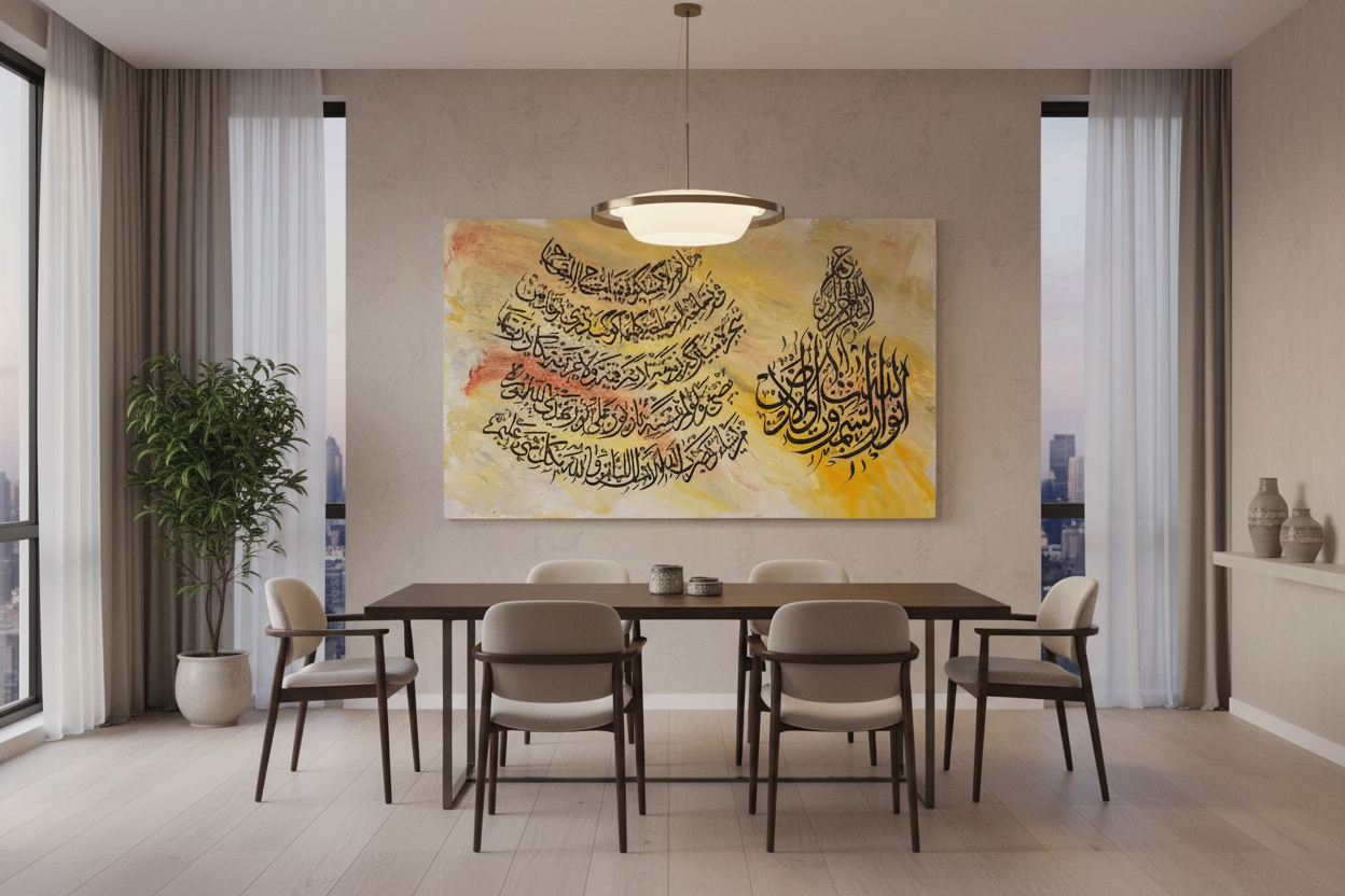 Ayat Al-Salawat canvas displayed in open area dining room