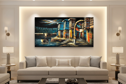 Iraqi Riverside painting displayed in luxury living room area setting