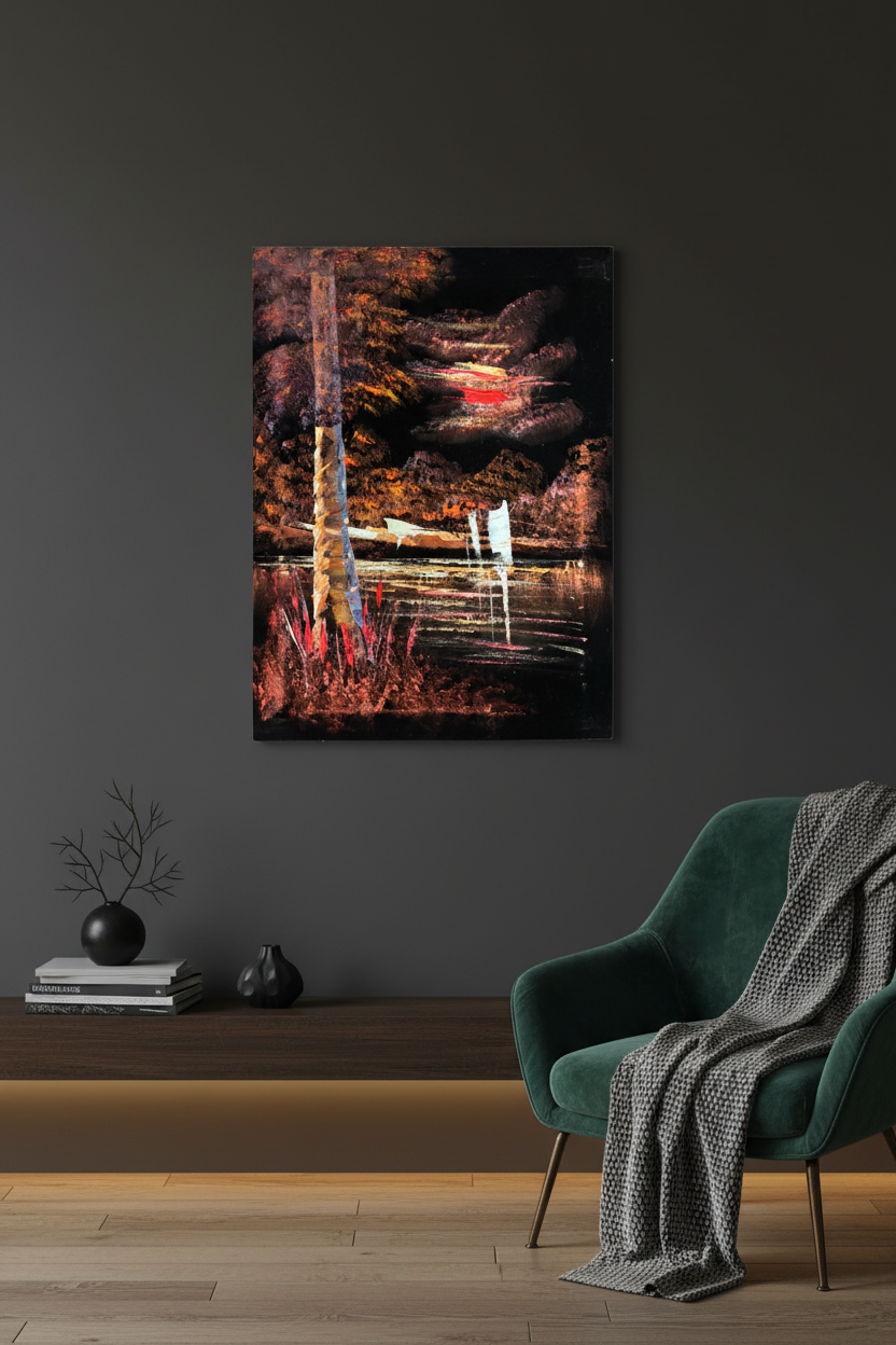 Crimson moonlit forest lake canvas art hung on dark charcoal accent wall in sophisticated moody living room lifestyle photo