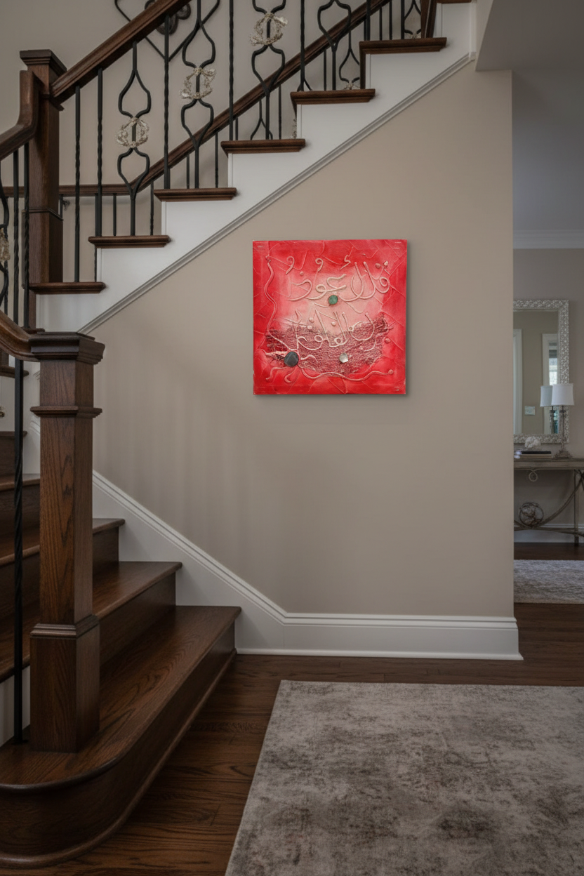 Islamic calligraphy crimson red wall art displayed on staircase wall