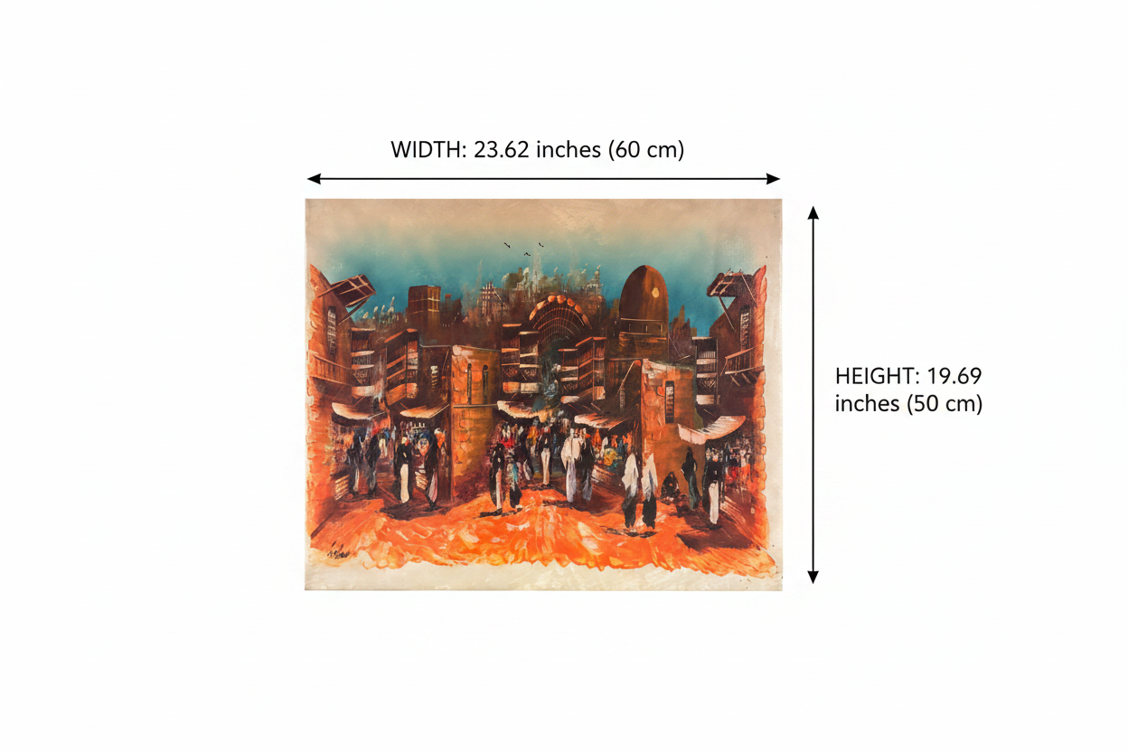 Dimension diagram 23.62 inches wide by 19.69 inches tall (60cm x 50cm) ancient city gate bazaar oil painting