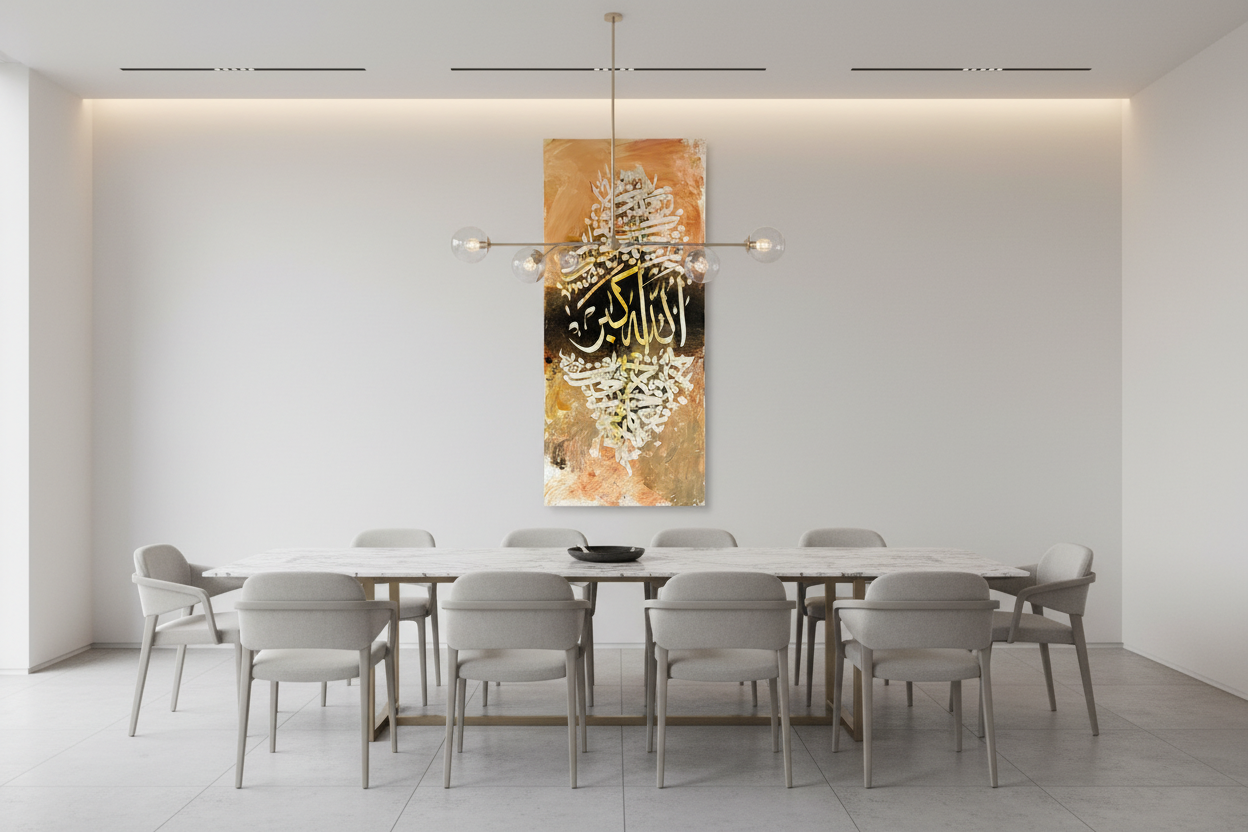 Allahu Akbar Islamic calligraphy canvas wall art in a spacious open area showing scale, no frame