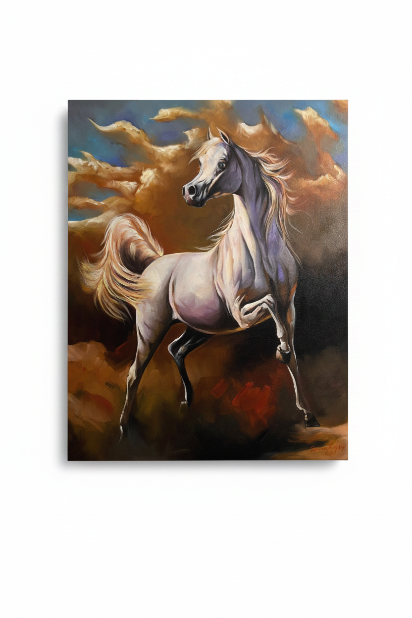 Majestic white Arabian horse rearing large fine art canvas on white background product photo