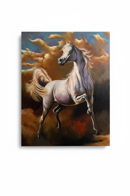 Majestic white Arabian horse rearing large fine art canvas on white background product photo