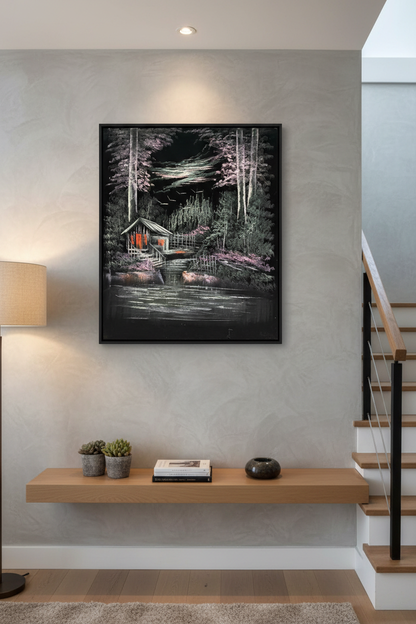 Dark forest cabin night scene canvas art staged on a modern home stairway wall